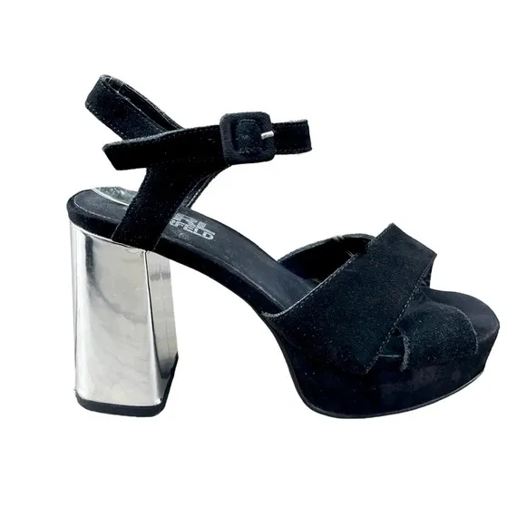 Karl Lagerfeld black suede &amp; silver chunky heel platform ankle strap sandals 38
