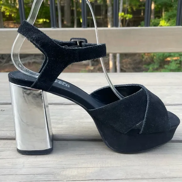 Karl Lagerfeld black suede &amp; silver chunky heel platform ankle strap sandals 38