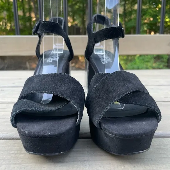 Karl Lagerfeld black suede &amp; silver chunky heel platform ankle strap sandals 38