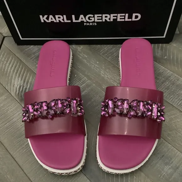 KARL LAGERFELD PARIS Women's Bijou Embellished Slide Sandals, size 6.5