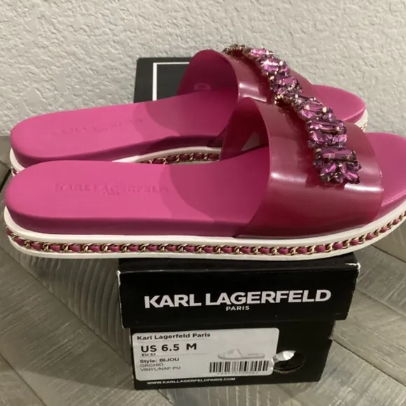 KARL LAGERFELD PARIS Women's Bijou Embellished Slide Sandals, size 6.5