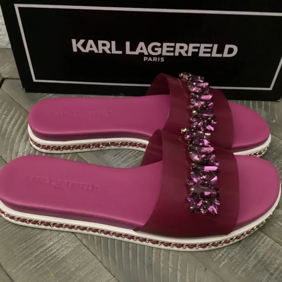 KARL LAGERFELD PARIS Women's Bijou Embellished Slide Sandals, size 6.5