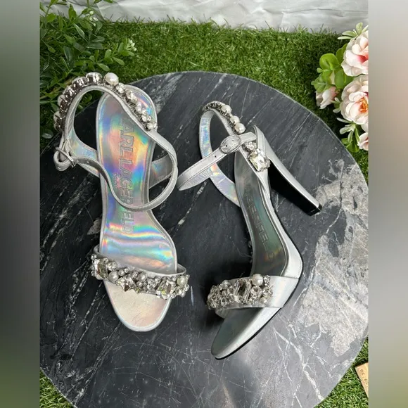 Karl LagerfeldWomen's Metallic ClaudeEmbellished Ankle Strap Sandal size 6.5