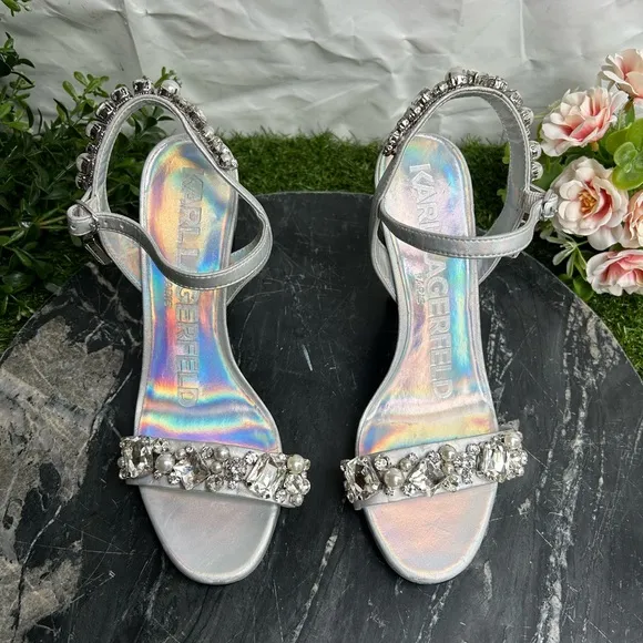 Karl LagerfeldWomen's Metallic ClaudeEmbellished Ankle Strap Sandal size 6.5