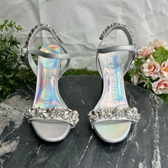 Karl LagerfeldWomen's Metallic ClaudeEmbellished Ankle Strap Sandal size 6.5