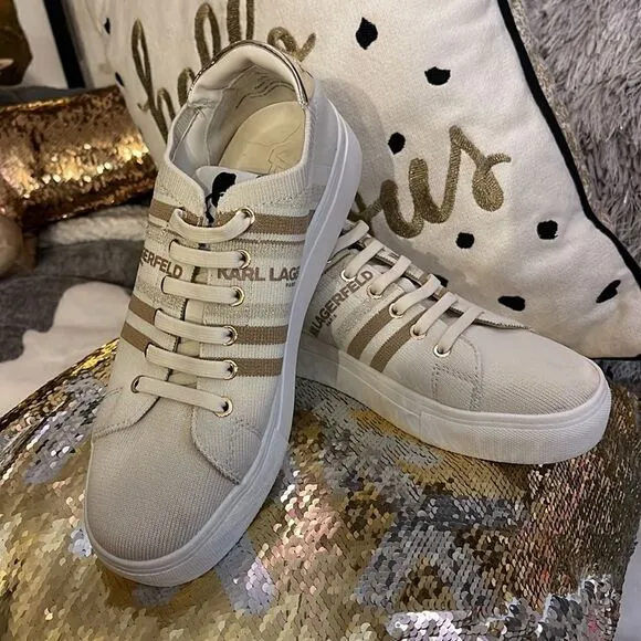 Karl lagerfield cyrilla white tan ecru knit sneakers 7m