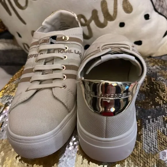 Karl lagerfield cyrilla white tan ecru knit sneakers 7m