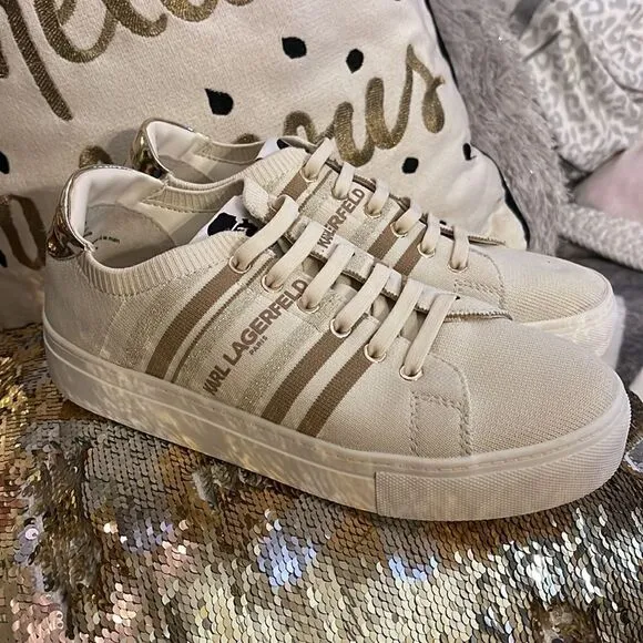 Karl lagerfield cyrilla white tan ecru knit sneakers 7m