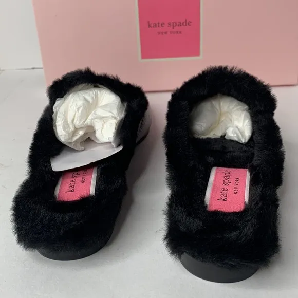 Kate Spade Caelyn black leather shearling lined slides NIB