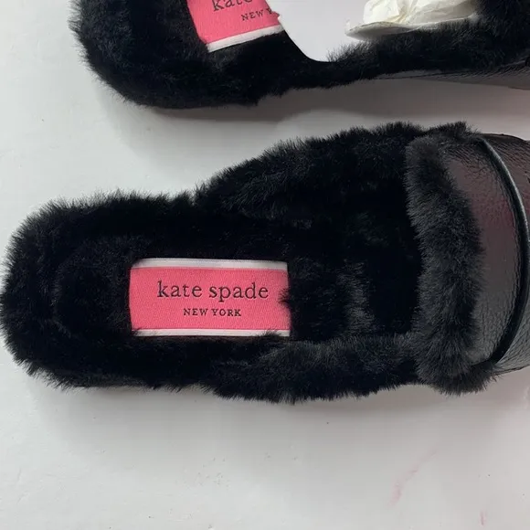 Kate Spade Caelyn black leather shearling lined slides NIB
