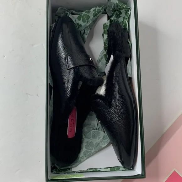 Kate Spade Caelyn black leather shearling lined slides NIB
