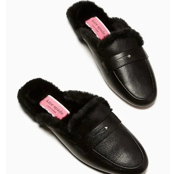 Kate Spade Caelyn black leather shearling lined slides NIB