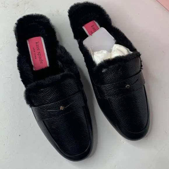 Kate Spade Caelyn black leather shearling lined slides NIB