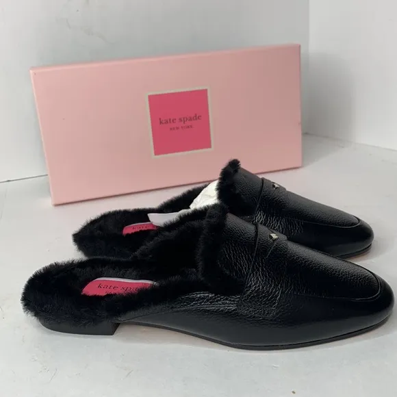 Kate Spade Caelyn black leather shearling lined slides NIB