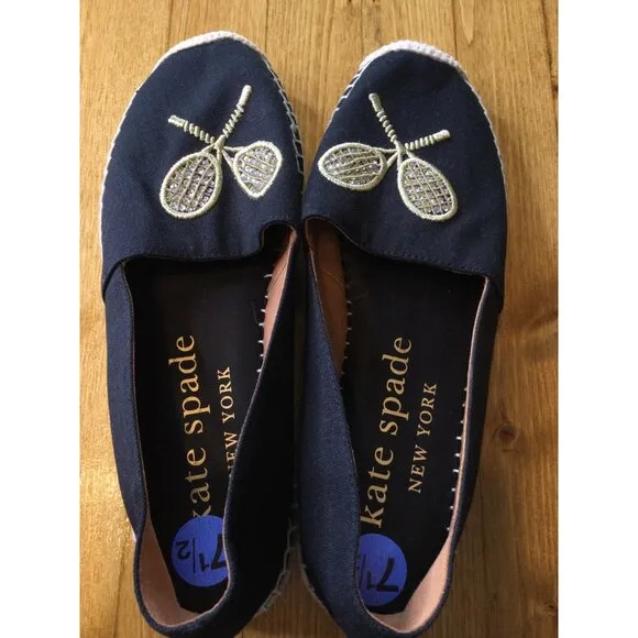 Kate Spade Double Tennis Racket Embroidered Canvas Espadrilles 7.5 Black Gold