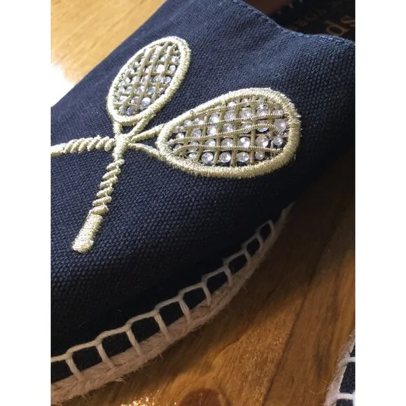 Kate Spade Double Tennis Racket Embroidered Canvas Espadrilles 7.5 Black Gold