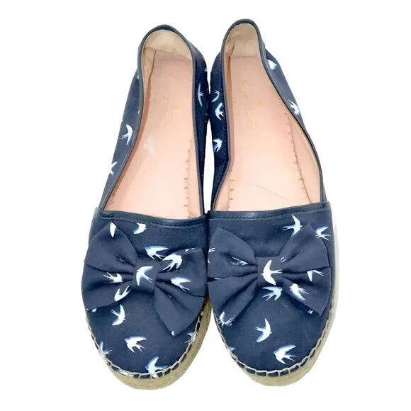 Kate Spade Navy Blue White Birds Canvas Leather Espadrilles Loafers Sandals 8