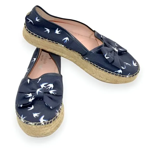 Kate Spade Navy Blue White Birds Canvas Leather Espadrilles Loafers Sandals 8