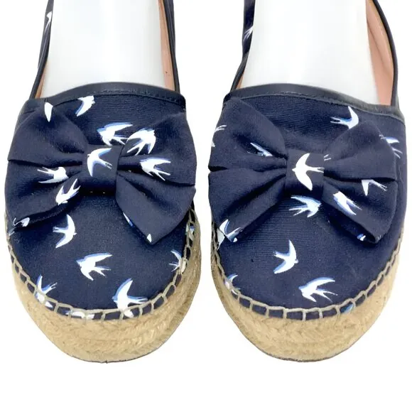 Kate Spade Navy Blue White Birds Canvas Leather Espadrilles Loafers Sandals 8