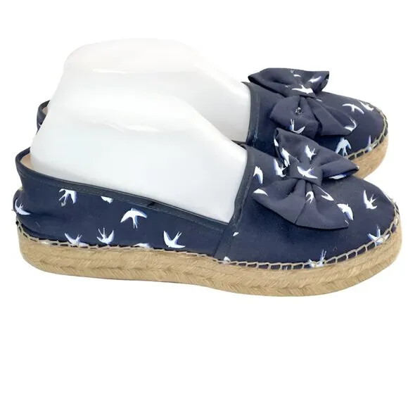 Kate Spade Navy Blue White Birds Canvas Leather Espadrilles Loafers Sandals 8
