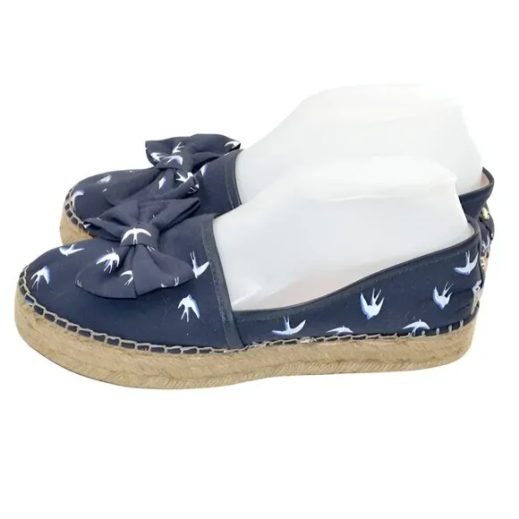 Kate Spade Navy Blue White Birds Canvas Leather Espadrilles Loafers Sandals 8