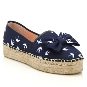 Kate Spade Navy Blue White Birds Canvas Leather Espadrilles Loafers Sandals 8