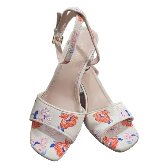 Kate Spade New York Delphine Ankle Strap Block Heels Cream Dotty Floral Sandals