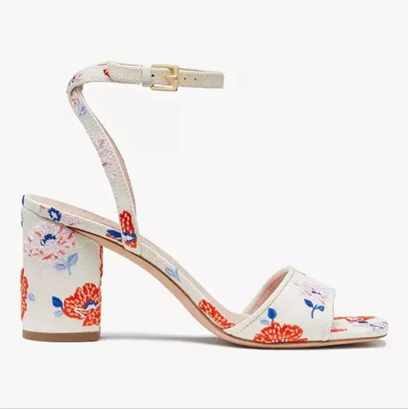 Kate Spade New York Delphine Ankle Strap Block Heels Cream Dotty Floral Sandals