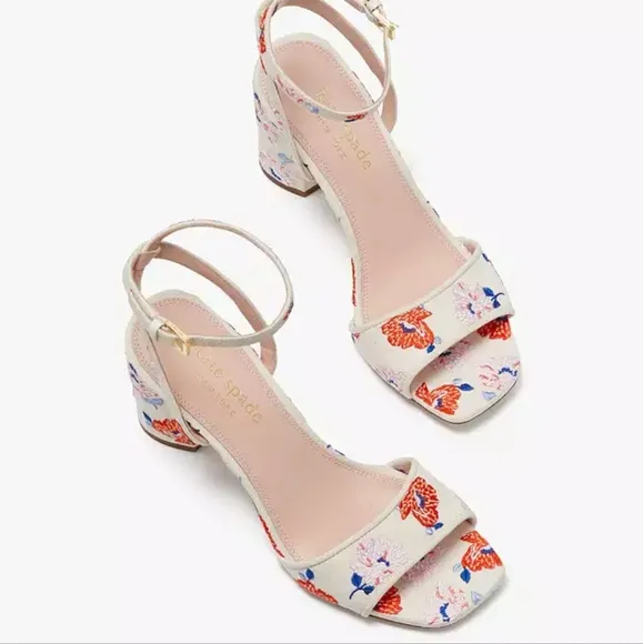 Kate Spade New York Delphine Ankle Strap Block Heels Cream Dotty Floral Sandals