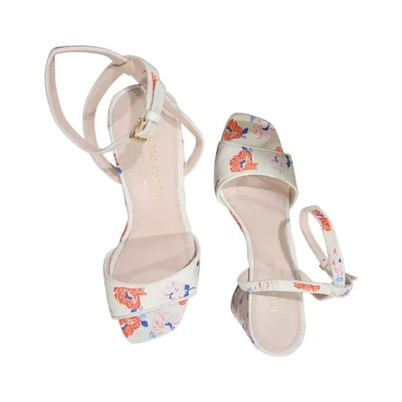 Kate Spade New York Delphine Ankle Strap Block Heels Cream Dotty Floral Sandals