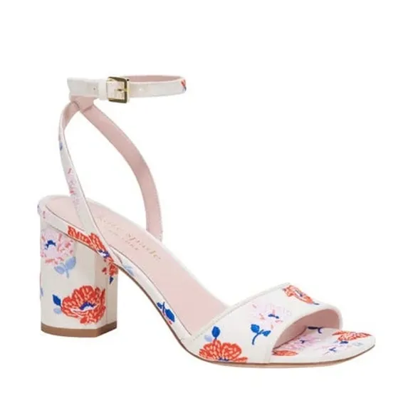 Kate Spade New York Delphine Ankle Strap Block Heels Cream Dotty Floral Sandals