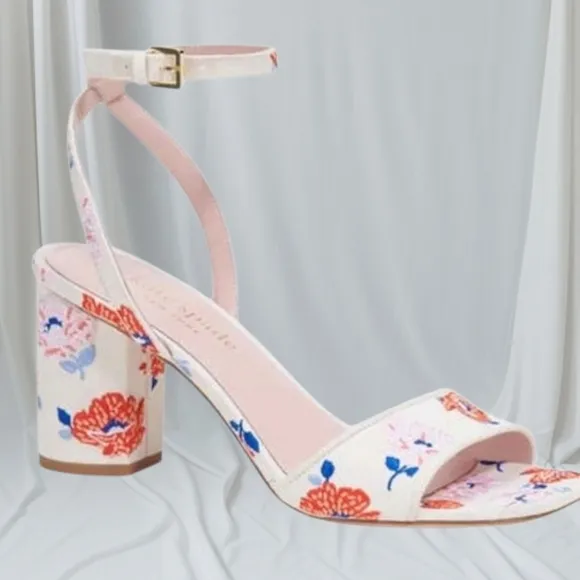 Kate Spade New York Delphine Ankle Strap Block Heels Cream Dotty Floral Sandals