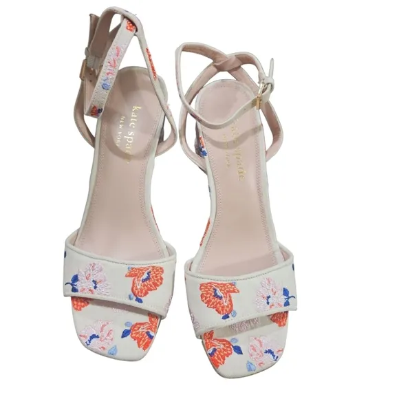 Kate Spade New York Delphine Ankle Strap Block Heels Cream Dotty Floral Sandals