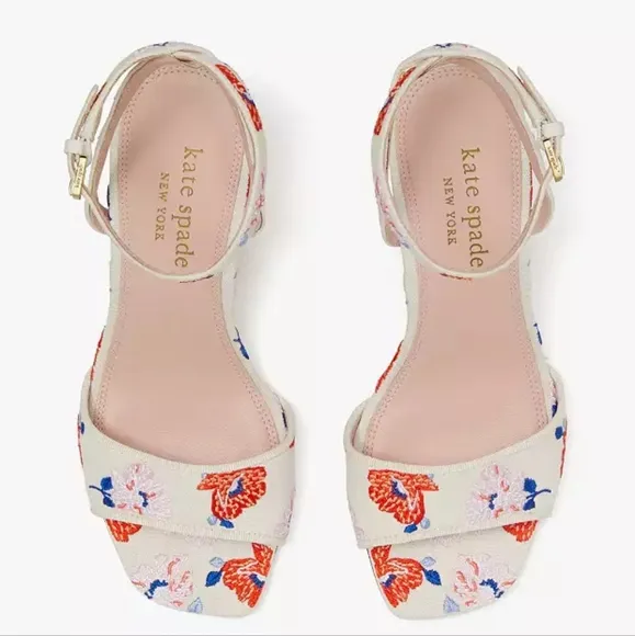 Kate Spade New York Delphine Ankle Strap Block Heels Cream Dotty Floral Sandals