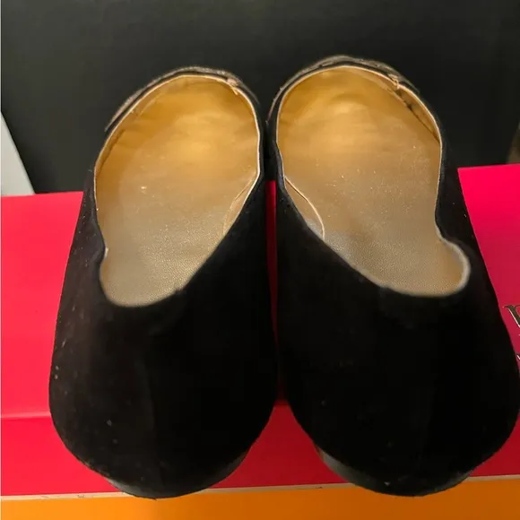 KATE SPADE NY PRE-LOVED AUTHENTIC BLACK SUEDE ‘LOVE’ METALLIC GOLD LETTERS FLATS