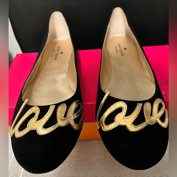 KATE SPADE NY PRE-LOVED AUTHENTIC BLACK SUEDE ‘LOVE’ METALLIC GOLD LETTERS FLATS
