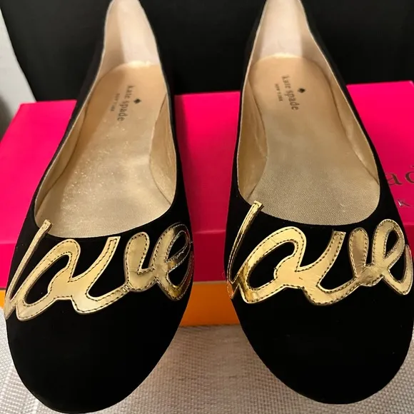 KATE SPADE NY PRE-LOVED AUTHENTIC BLACK SUEDE ‘LOVE’ METALLIC GOLD LETTERS FLATS