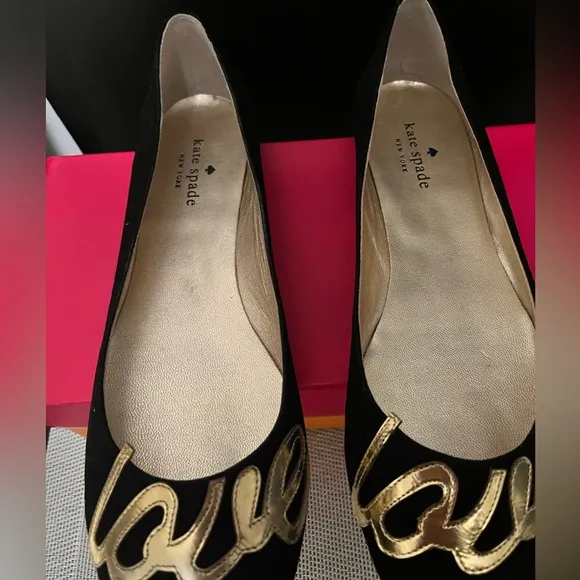 KATE SPADE NY PRE-LOVED AUTHENTIC BLACK SUEDE ‘LOVE’ METALLIC GOLD LETTERS FLATS