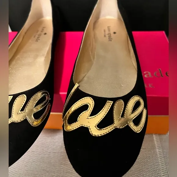 KATE SPADE NY PRE-LOVED AUTHENTIC BLACK SUEDE ‘LOVE’ METALLIC GOLD LETTERS FLATS