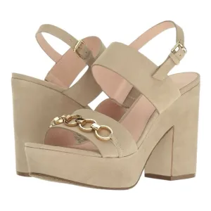 kate spade Rashida Sand Kid Suede Chunky Ankle Strap Sandals Heels Gold Chain W9