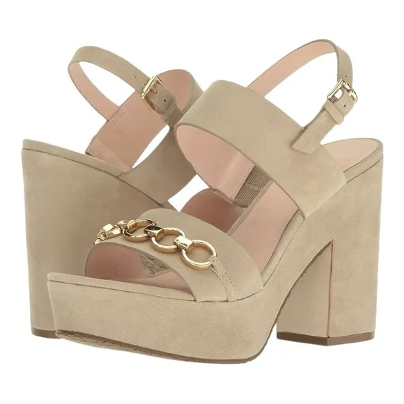 kate spade Rashida Sand Kid Suede Chunky Ankle Strap Sandals Heels Gold Chain W9
