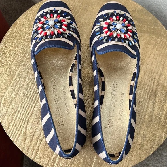 Kate Spade Tia Firework loafers, striped and embellished, size 7.5 womens NWT