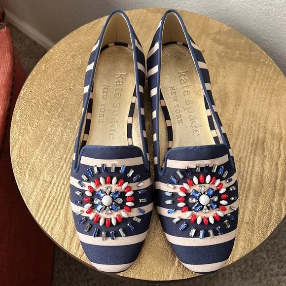 Kate Spade Tia Firework loafers, striped and embellished, size 7.5 womens NWT