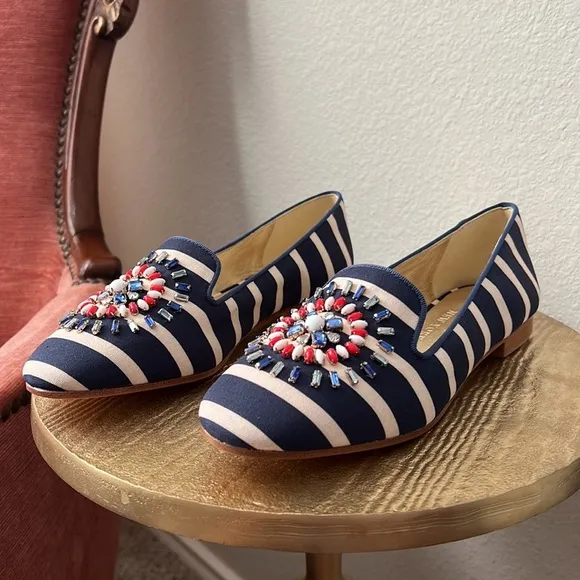 Kate Spade Tia Firework loafers, striped and embellished, size 7.5 womens NWT