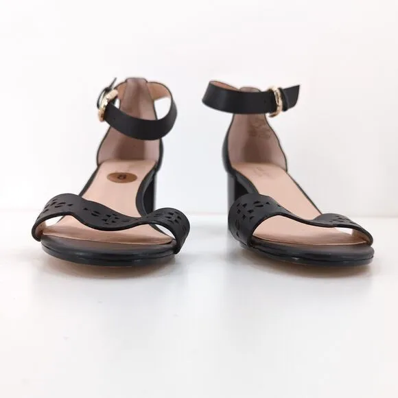 KATE SPADE Women 8 Willow Sandals Black Laser Cut Out Leather Chunky Block Heel