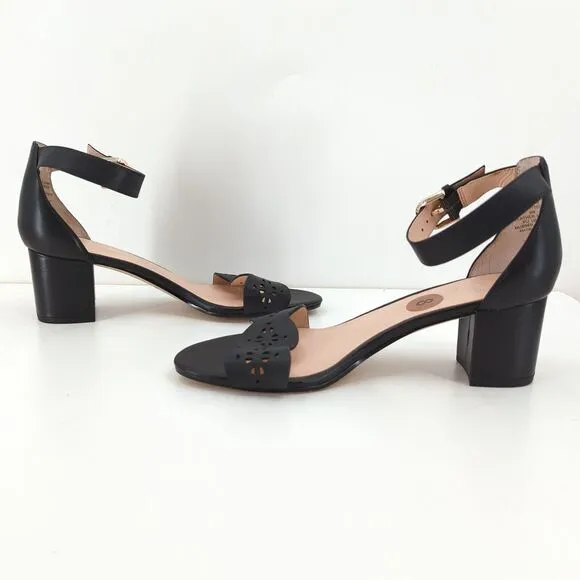 KATE SPADE Women 8 Willow Sandals Black Laser Cut Out Leather Chunky Block Heel