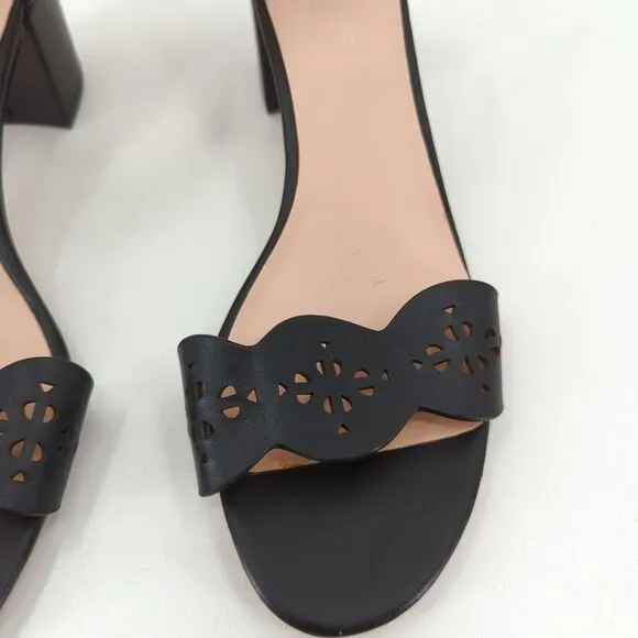 KATE SPADE Women 8 Willow Sandals Black Laser Cut Out Leather Chunky Block Heel
