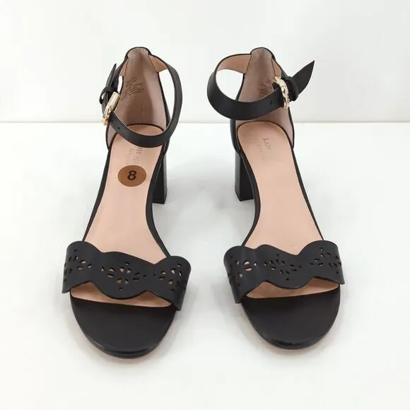 KATE SPADE Women 8 Willow Sandals Black Laser Cut Out Leather Chunky Block Heel