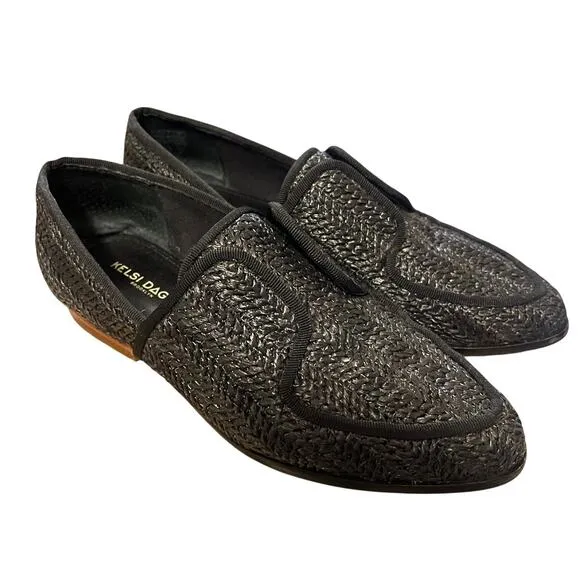 KELSI DAGGER Womans 6 Stanton Woven Straw Loafers Pointed Toe Slip On Black Gray