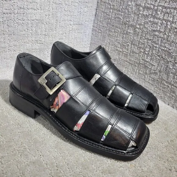 Kenneth Cole Men’s Size 10.5 US Black Leather Fisherman Sandals Made In Italy